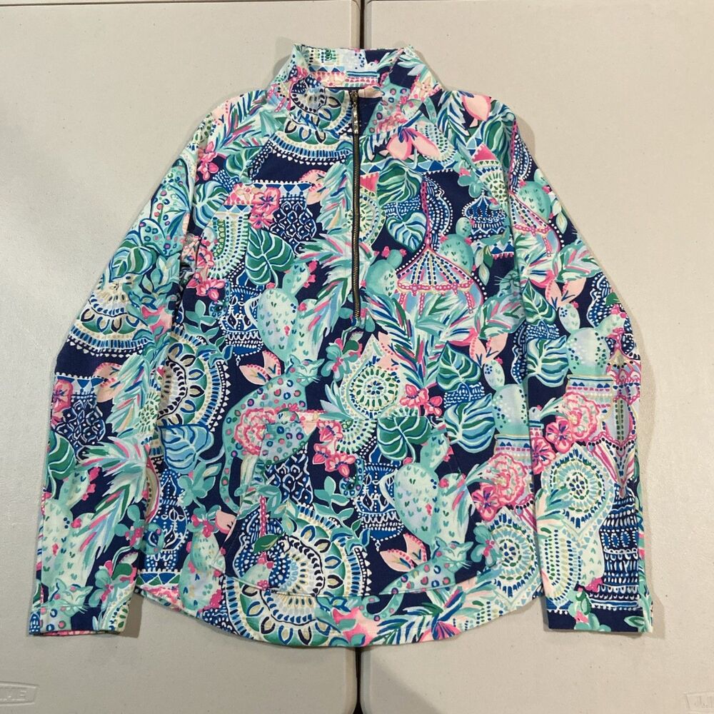 Lilly Pulitzer Edgewater Popover Medium Blue Pink Floral Quarter Zip Top